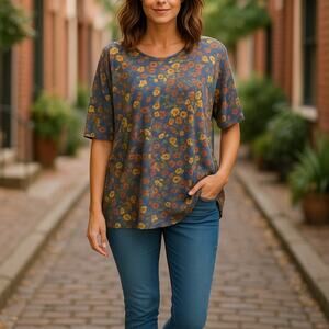 LuLaRoe Womens Top Size Large Green Blue Gold Irma Tunic Floral Shirt Hi Low NEW